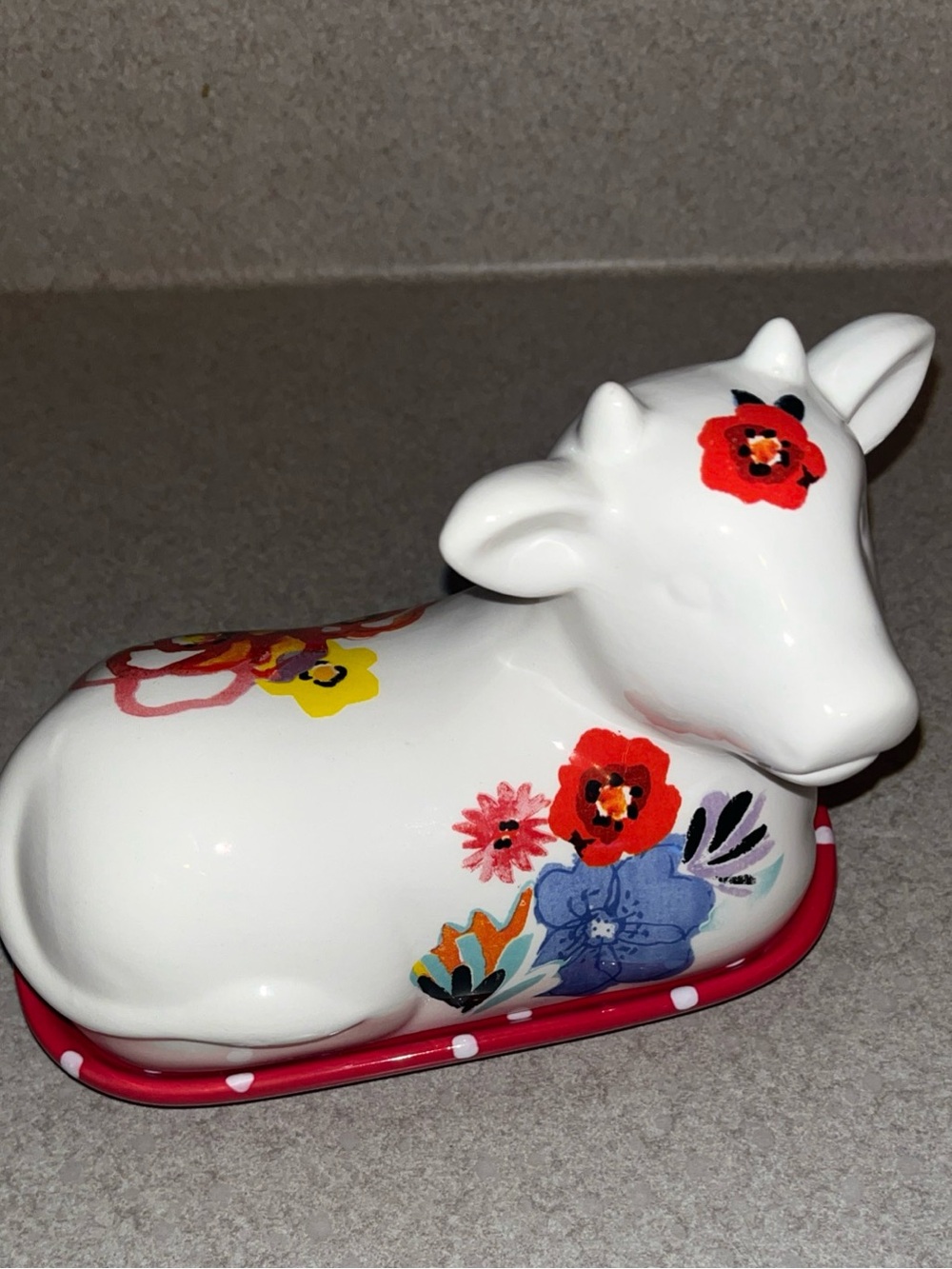 Pioneer Woman Flea Market Cow Butter Dish Floral Polka Dot Red Farmhouse Cottage